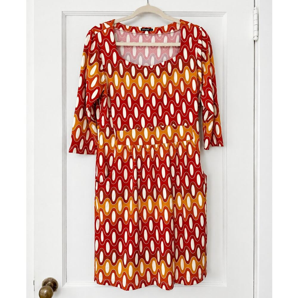 J.McLaughlin Women’s Geometric Print Knit Dress Large Red Orange  Pockets
